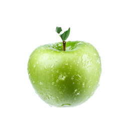 Green apple with green leaf and half slice flying in the air isolated on white background.
