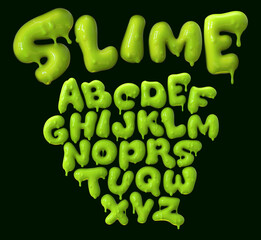 Green slime font. Alphabet with flow drops and slime splashes. Liquid toxic, radioactive text in zombie style. Vector latin abs. The font is isolated on a dark background. 3d illustration