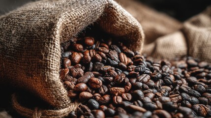 Roasted Coffee Beans in Burlap Sack: Rich, dark roasted coffee beans spilling from a burlap sack, showcasing their texture and aroma, ideal for coffee shop websites or packaging.