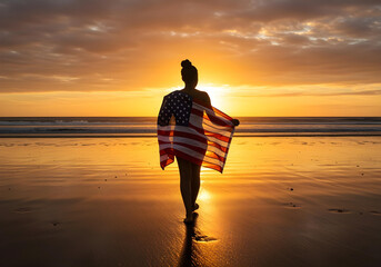 patriotic woman holding united states flag on beach during golden hour