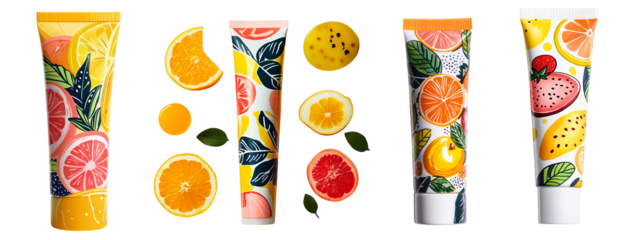 Colorful cosmetic tubes filled with fruit illustrations and slices on transparent background