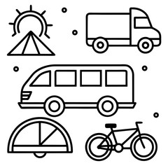 Variety Of Transport Line Art Icons Collection With Sunny Ferris Wheel