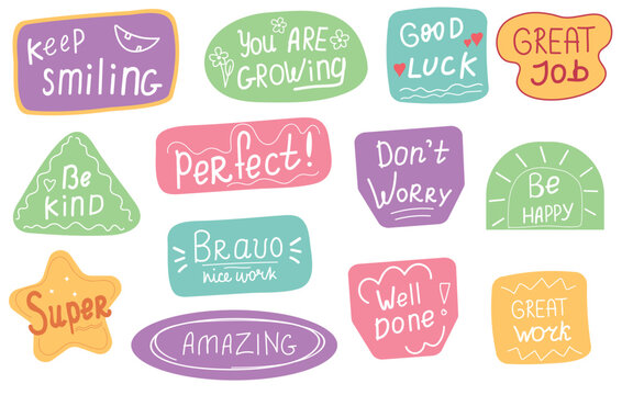 Job and great job motivational stickers. Vector illustration. School reward, encouragement sign, stamp. Educational kids design.	Affirmation stickers.