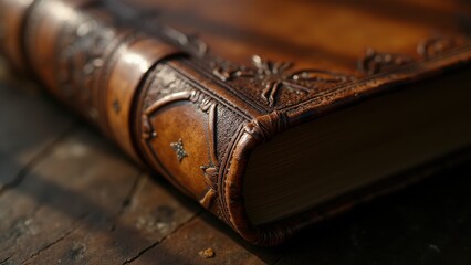 Close-up view of ancient bookbinding with worn leather, visible stitching, and historical texture. Great for antique documentation and archival visuals.