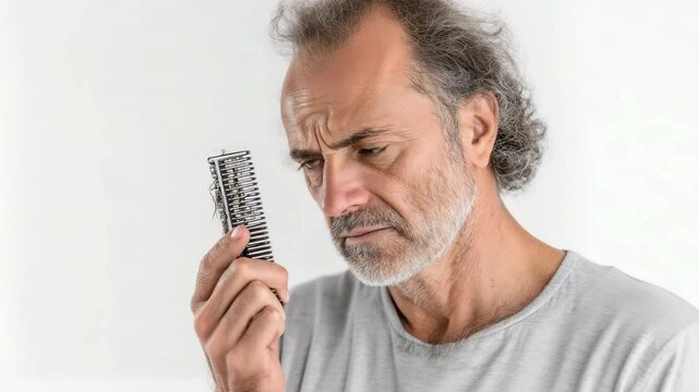 An older man with receding hair who is obviously unhappy and clutching a comb with some hair matted to it. 
