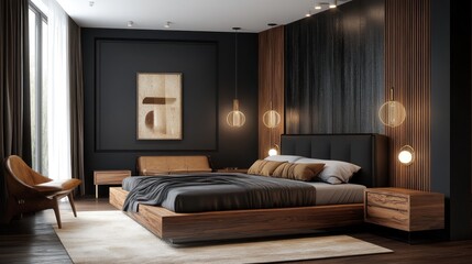 Modern bedroom interior with stylish decor and lighting
