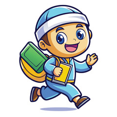 Happy boy going to school with books