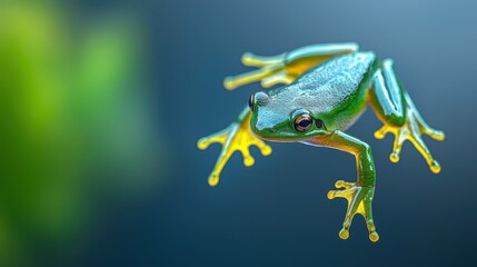 Vibrant Green Frog Floating Against a Soft Blurred Background