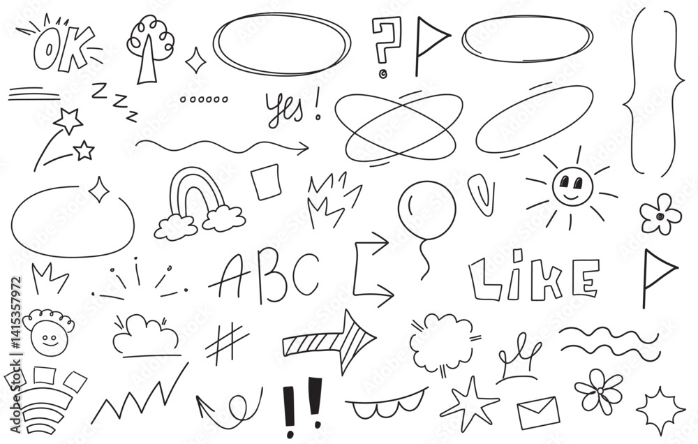 Fototapete cute line sketch star, arrow, heart decoration element icon set. hand drawn sketch doodle cute star,