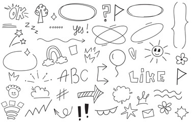Big set of Hand-Drawn Doodle Elements Set – Fun Sketch Icons and Symbols for Notes and Design. Pen line text decoration shape icon. Hand drawn vector illustration.
