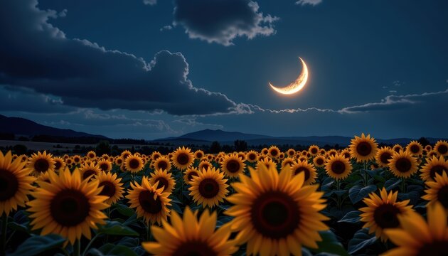 Night moon over sunflower field