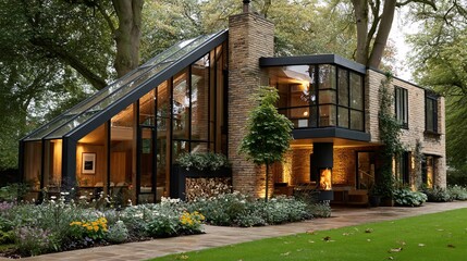 Contemporary Glass House Surrounded by Lush Greenery and Nature