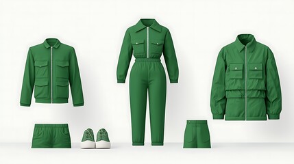 A collection of green clothing items displayed, featuring jackets, a jumpsuit, shorts, and shoes, all arranged neatly against a light background.