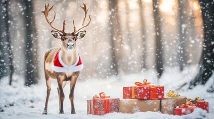 Reindeer with presents in winter forest
