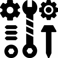 Isolated Black Silhouette Illustration Of Wrench Gears Nail Screw And Washer