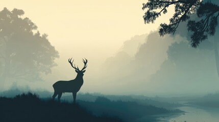 Naklejka premium Misty forest scene with a stag silhouette.
