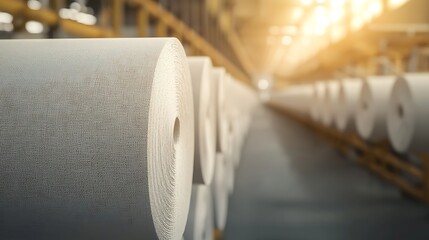 A close-up view of large rolls of paper stacked in a warehouse, illuminated by warm light, showcasing an industrial setting focused on paper production.