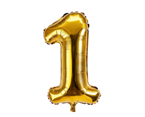 Shiny gold foil number one balloon, isolated on transparent cutout background