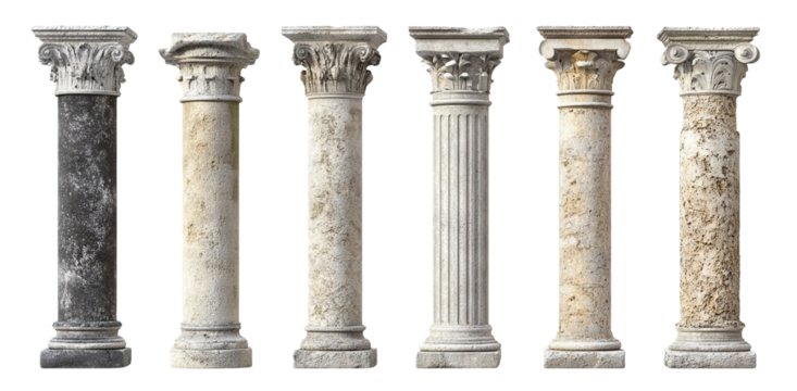 Set of ancient stone columns in classical architecture, isolated on transparent cutout background