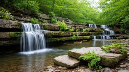 Fototapeta premium Awareness Organic Movement Style. Serene waterfalls cascading over stone in a lush green forest.