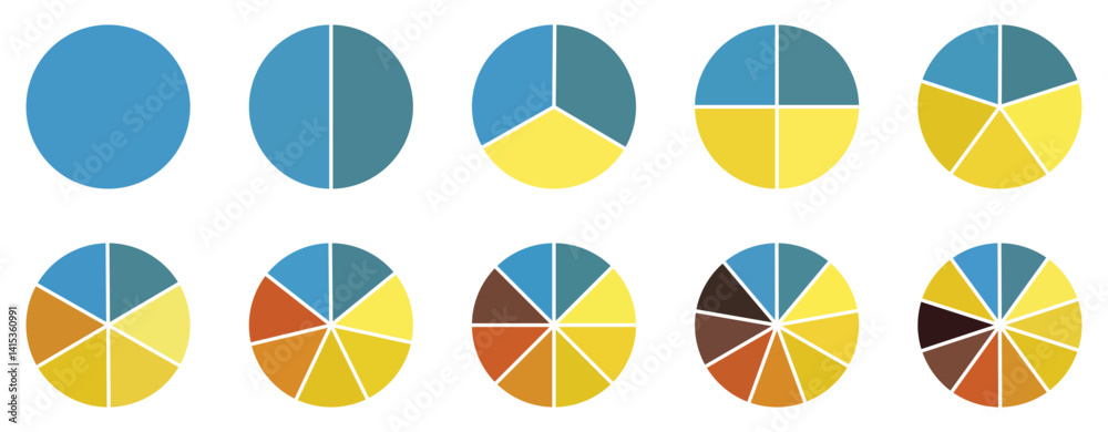 Fototapete pie chart color icons. pie chart sign. circle section graph. wheel round diagram parts. pie charts d