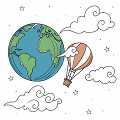 Planet Earth With Hot Air Balloon Clouds And Stars Vector Illustration