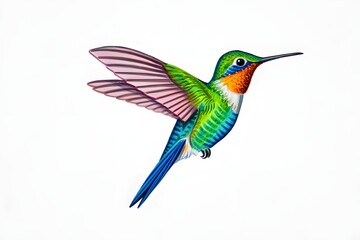 Fototapeta premium A vibrant hummingbird takes flight, showcasing its iridescent feathers and delicate features, evoking the beauty and dynamism of nature.
