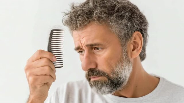 An older man with receding hair who is obviously unhappy and clutching a comb with some hair matted to it. 