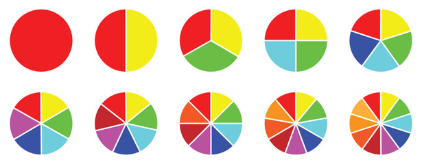 Pie chart set. Colorful diagram collection with 1,2,3,4,5,6,7,8,9,10, sections or steps. Circle icons for Infographic wheel segment and fraction. Vector eps 10