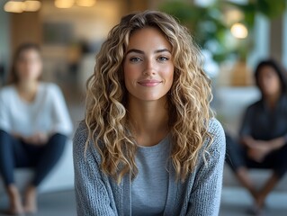 Fototapeta premium Smiling woman with curly hair in a professional office setting