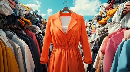 Fototapeta premium A vibrant orange dress hangs among a chaotic pile of colorful clothing, set against a bright sky, showcasing a mix of fashion and clutter.