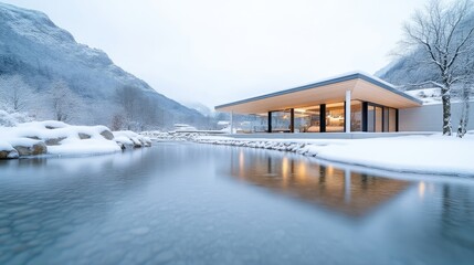 Modern chalet nestled beside a tranquil winter river