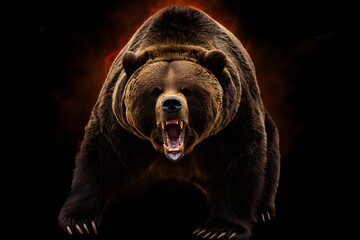 A ferocious grizzly bear roars, emanating an aura of raw power and untamed wilderness against a mysterious backdrop.