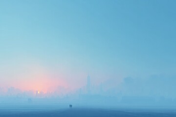 Obraz premium urban skyline shrouded in thick smog with silhouettes of people blurred in distance
