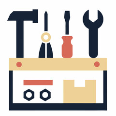 Vector Illustration Of Workbench With Hammer Screwdrivers And Wrench Tools On White Background