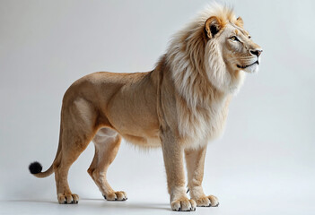 Obraz premium Male lion with light golden fur standing calmly in studio. Soft expression and peaceful stance.