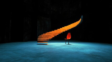 Abstract, glowing spiral staircase in dark interior.  Orange vase on a chair