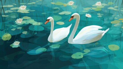 Obraz premium Two graceful swans glide amidst serene lily pads.