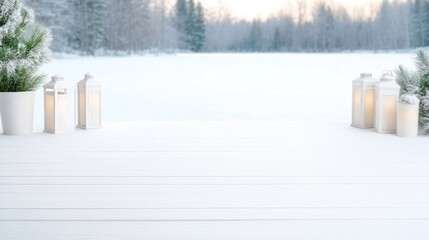 Snowy winter scene with decorative lanterns.  Peaceful winter wonderland
