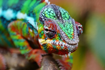 Obraz premium A vibrant close-up of a chameleon showcases the intricate beauty of its multicolored skin and unique features. With intense details revealing its amazing adaptability in nature.