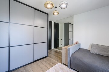 interior room apartment bedroom with bed, cozy place to sleep and relax