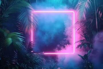 Pink neon square with fog, palm leaves frame, and vibrant blue background. Use for product promos, modern design, or a cool retro, trendy aesthetic.