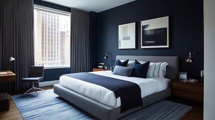 Fototapeta premium Modern hotel bedroom with city view and decor