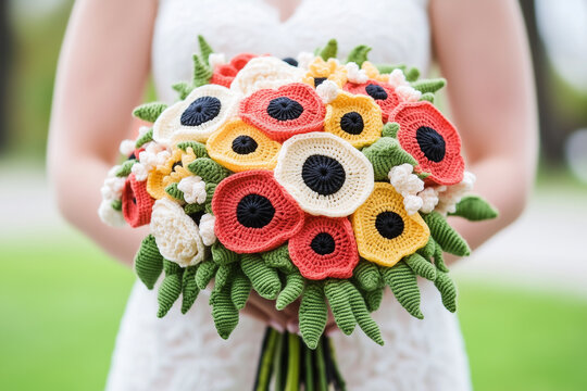 A bride holding a colorful bouquet of flowers, showcasing the floral design during the wedding celebration. The flowers have red, yellow, and white petals with black centers. - Powered by Adobe