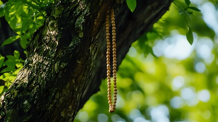 Fototapeta premium Sacred Beads in Harmony: A string of prayer beads dangles delicately from a tree branch, enveloped by the soft, natural light of a peaceful day and lush green foliage. 