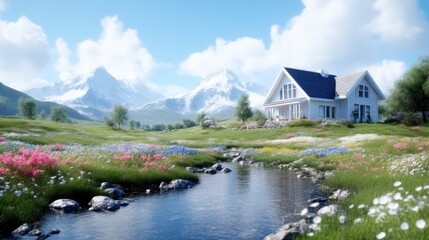 Picturesque mountain home nestled amidst vibrant wildflowers and a babbling brook