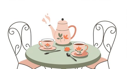 Garden table with tea cups in minimalist flat art