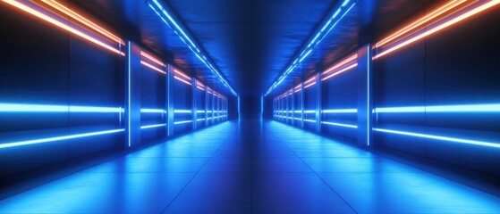 Fototapeta premium Futuristic corridor illuminated by neon blue and orange