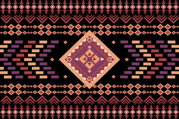 Bold indigenous-inspired textile design with stacked diamond medallions framed by intricate borders. Rich terracotta, purple, and cream palette creates striking contrast perfect for creative projects.