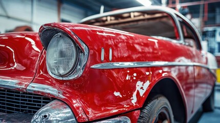 Vintage red car restoration in a workshop setting